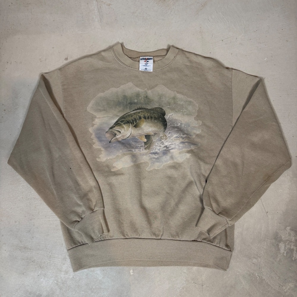 Jerzees NuBlend Vintage Bass Fish Graphic Sweatshirt Tan Mens Medium USA Made